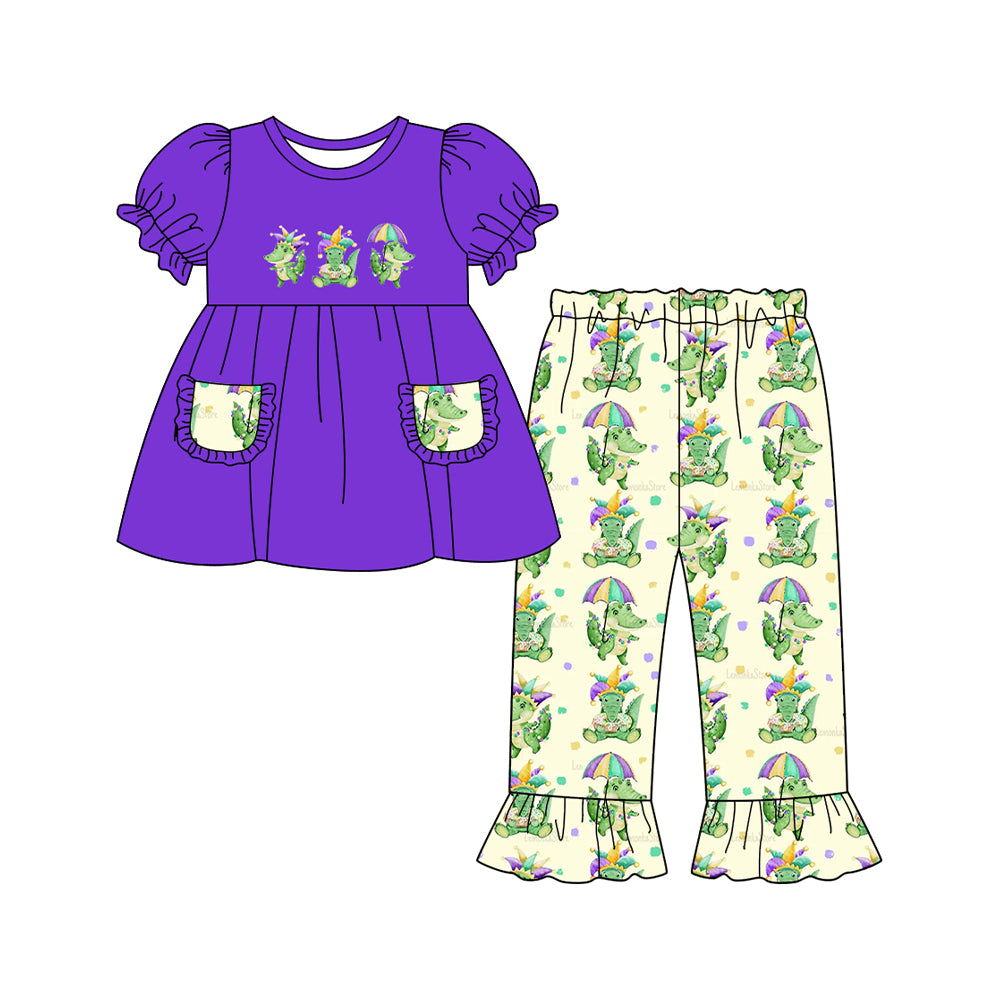 8Baby Girls Dinosaurs Pockets Tunic Ruffle Pants Mardi Gras Clothes Sets Preorder