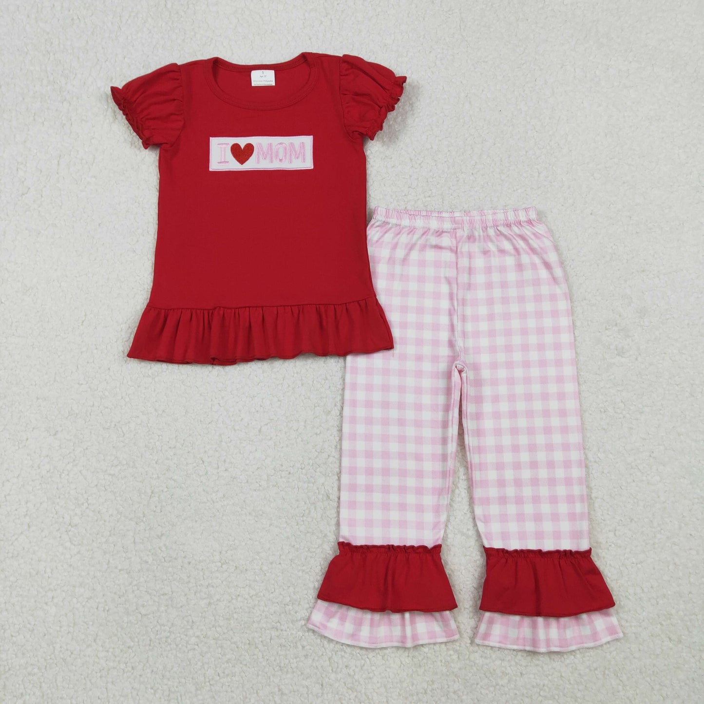 Embroidery I Love Mom Baby Girls Shirts Checked Ruffle Pants Clothes Sets