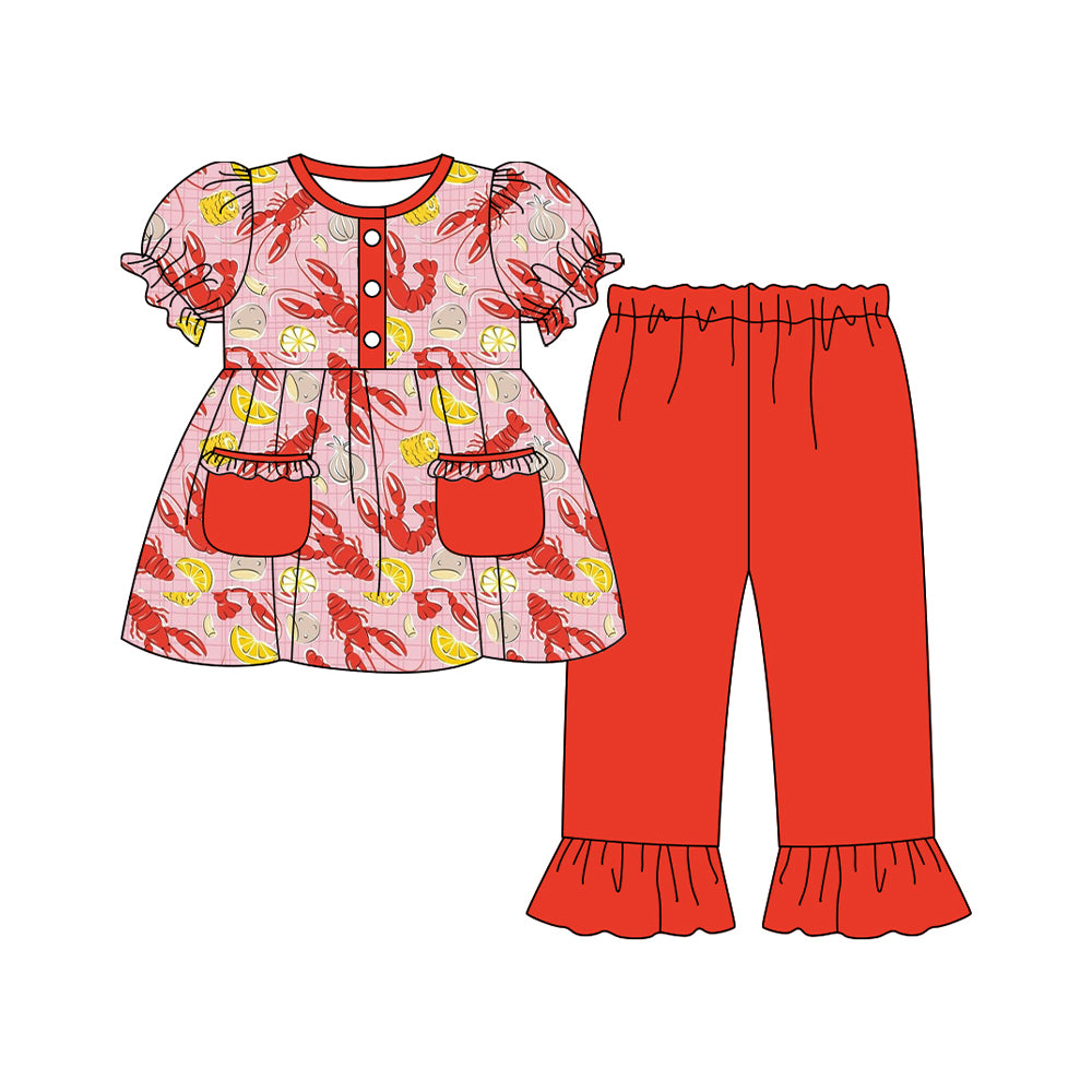 Baby Girls Crayfishes Button Pockets Tunic Ruffle Pants Mardigras Clothes Sets Preorder