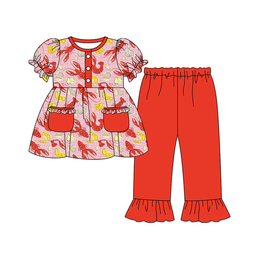 Baby Girls Crayfishes Button Pockets Tunic Ruffle Pants Mardigras Clothes Sets Preorder