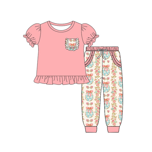 Baby Girls Bows Eggs Flowers Pocket Top Ruffle Pants Easter Clothes Sets Preorder