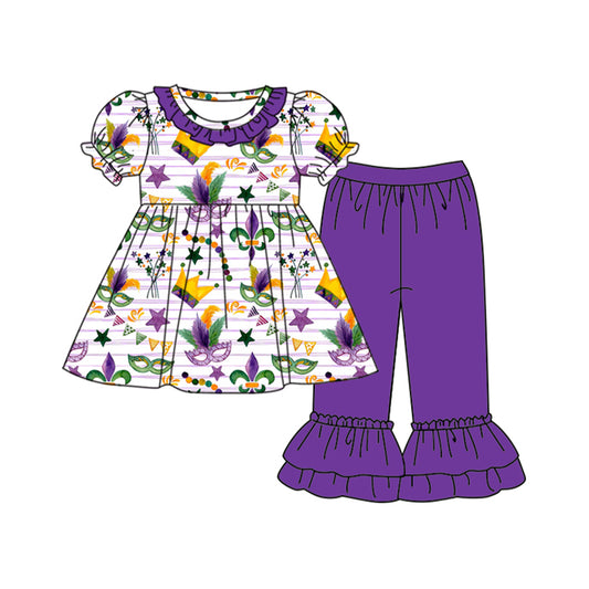 Baby Girls Purple Stripe Anchors Masks Tunic Ruffle Pants Mardigras Clothes Sets Preorder