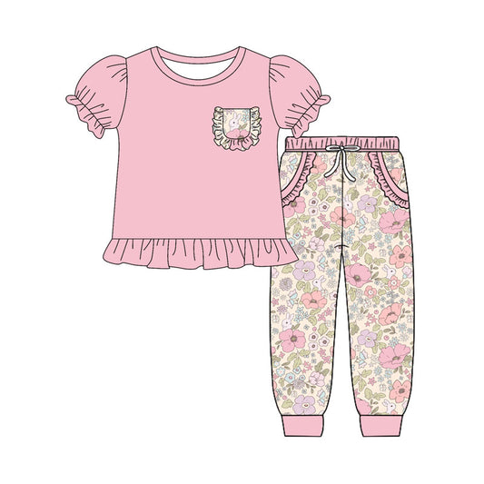 Baby Girls Flowers Rabbits Pocket Top Jogger Pant Easter Clothes Sets Preorder