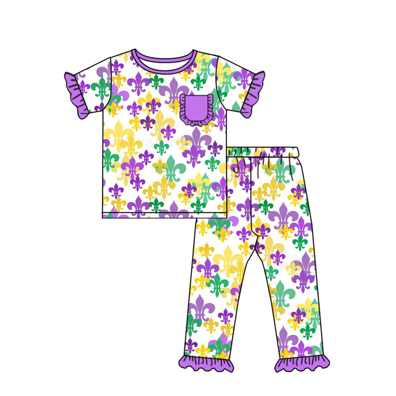 Baby Girls Anchors Checked Pocket Top Ruffle Pants Mardigras Pajamas Sets Preorder