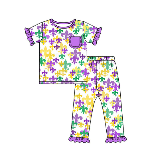 Baby Girls Anchors Checked Pocket Top Ruffle Pants Mardigras Pajamas Sets Preorder