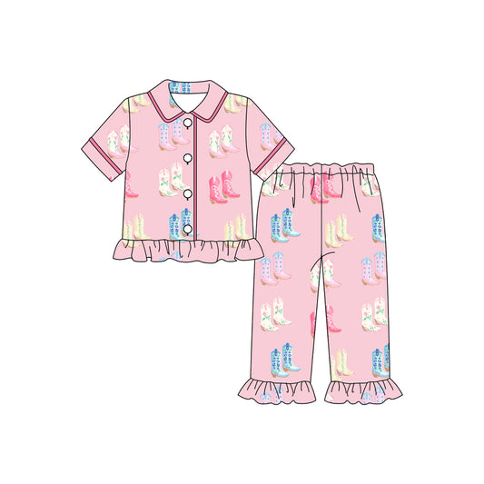 Baby Girls Pink Boots Button Shorts Ruffle Sleeve Top Pants Pajamas Sets Preorder