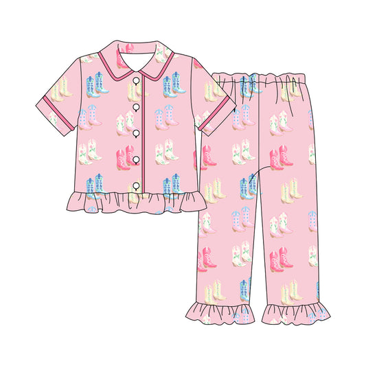 Adult Women Pink Boots Button Short Ruffle Sleeve Top Pants Pajamas Sets Preorder