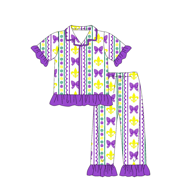 Baby Girls Anchors Bows Strips Button Top Ruffle Pants Mardigras Pajamas Sets Preorder