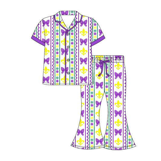 Adult Women Anchors Bows Stripe Button Top Flare Pants Mardigras Pajamas Sets Preorder