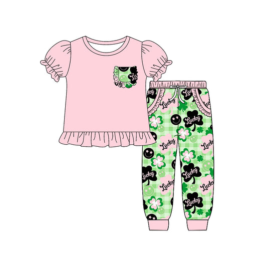 Baby Girls Pink Ruffle Top Clovers Lucky Pocket Jogger St Patrick Clothes Sets Preorder