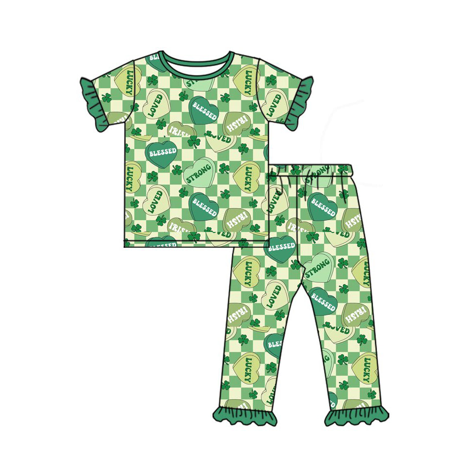 Baby Girls Green Checked Clovers Hearts Ruffle Pants St Patrick Pajamas Sets Preorder