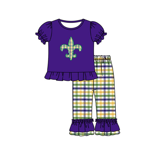 Baby Girls Purple Anchor Ruffle Top Checked Pants Mardigras Clothes Sets Preorder