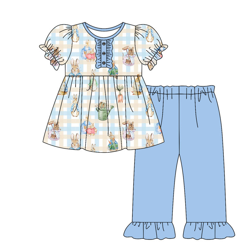 Baby Boys Blue Checked Rabbits Tunic Ruffle Pants Easter Clothes Sets Preorder
