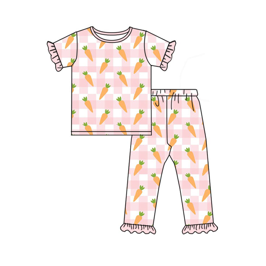 Baby Girls Pink Checked Carrots Top Ruffle Pants Easter Pajamas Sets Preorder