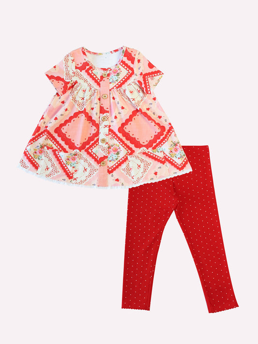 Baby Girls Red Flowers Button Pockets Tunic Polka Dots Leggings Valentine Clothes Sets Preorder