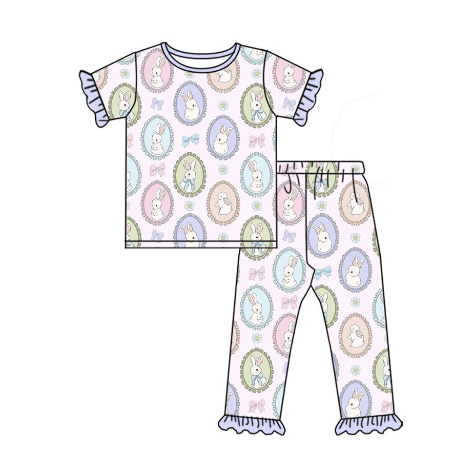 Baby Girls Colorful Bows Colorful Top Ruffle Pants Easter Pajamas Sets Preorder