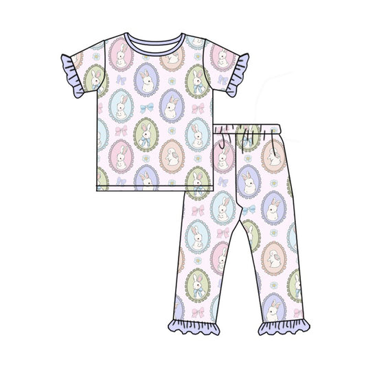 Baby Girls Colorful Bows Colorful Top Ruffle Pants Easter Pajamas Sets Preorder
