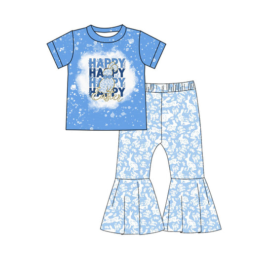 Baby Girls Blue Rabbit Happy Easter Top Bell Bottom Pants Clothes Sets Preorder