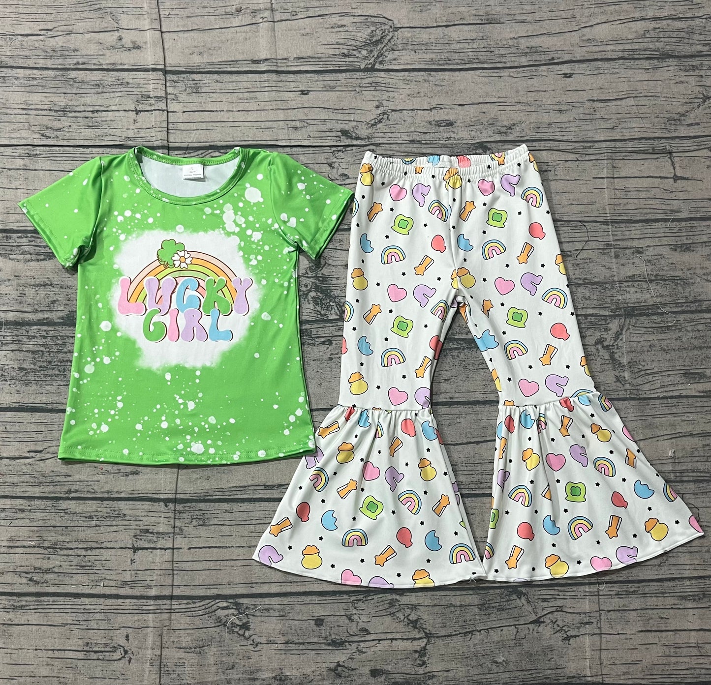 Baby Lucky Girl Clover Top Bell Bottom Pants St Patrick Clothes Sets