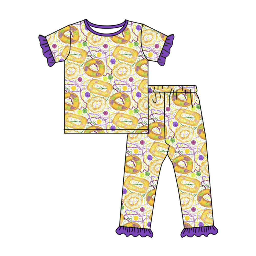 Baby Girls Mardigras Donuts Polka Dots Top Ruffle Pants Pajamas Sets Preorder