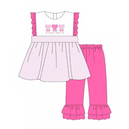 Baby Girls Pink Hearts Stripe Tunic Ruffle Pants Valentine Clothes Sets Preorder