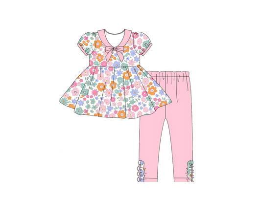 Baby Girls Colorful Flowers Ruffle Sleeve Tunic Leggings Pants Clothes Sets Preorder