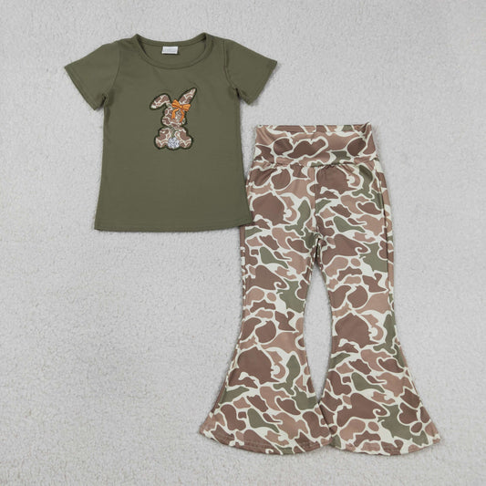 Embroidery Camo Rabbit Baby Girls Shirt Top Bell Bottom Pants Easter Clothes Sets