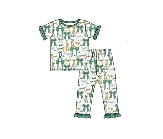 Baby Girls Bows Clovers Plaid Top Ruffle Pants St Patrick Clothes Sets Preorder