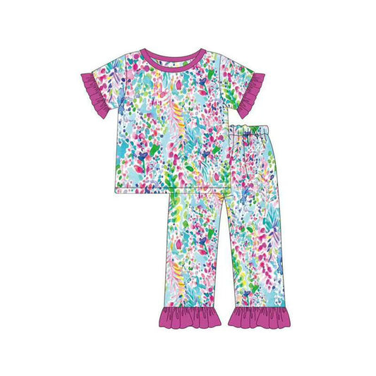 Baby Girls Watercolor Floral Top Ruffle Pants Pajamas Sets Preorder
