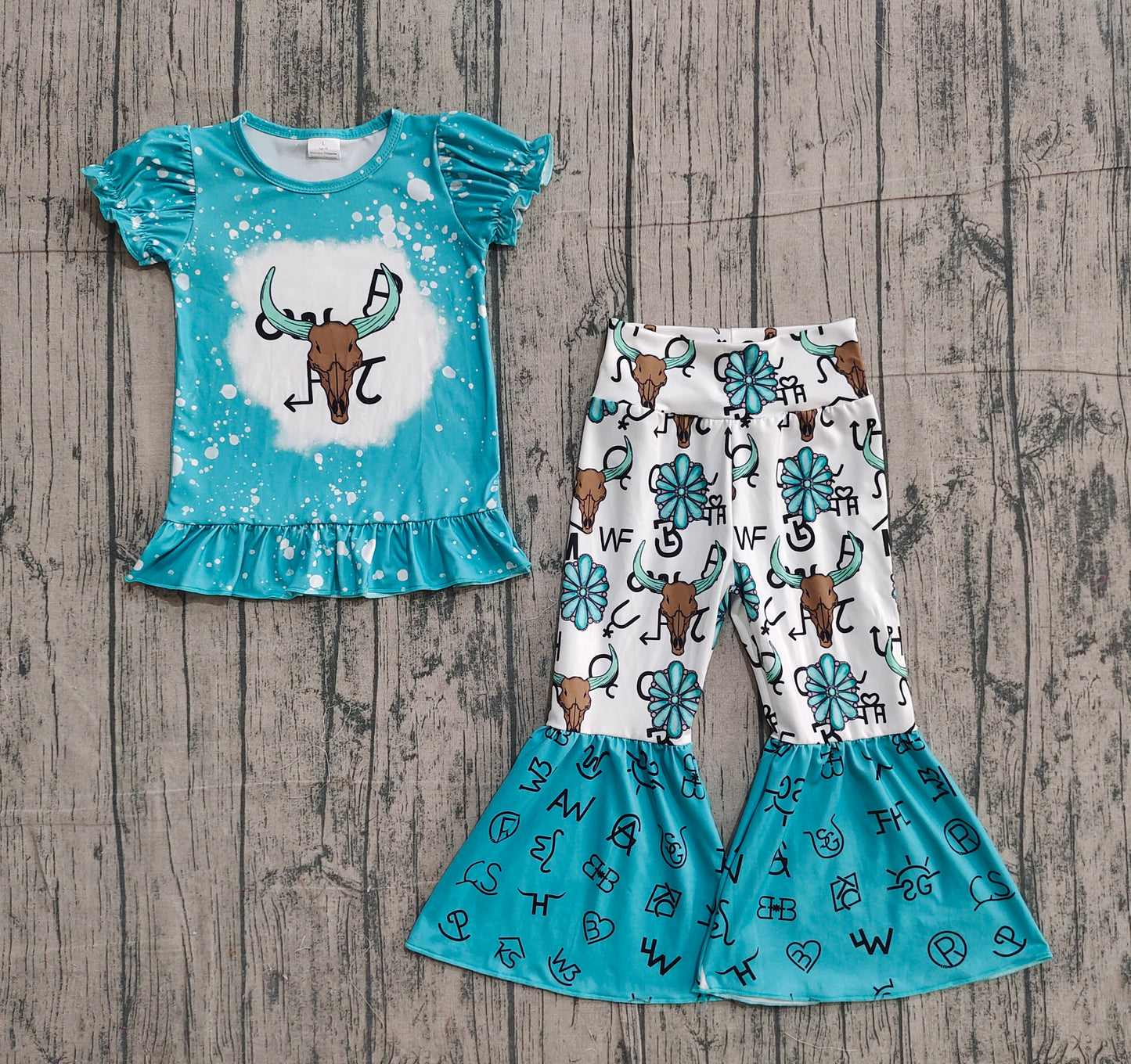 Baby Girls Bull Skulls Ruffle Top Bell Bottom Pants Western Clothes Sets Preorder