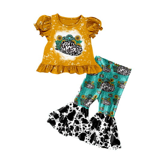Baby Girls Sunflowers Turquoises Top Bell Bottom Pants Western Clothes Sets Preorder