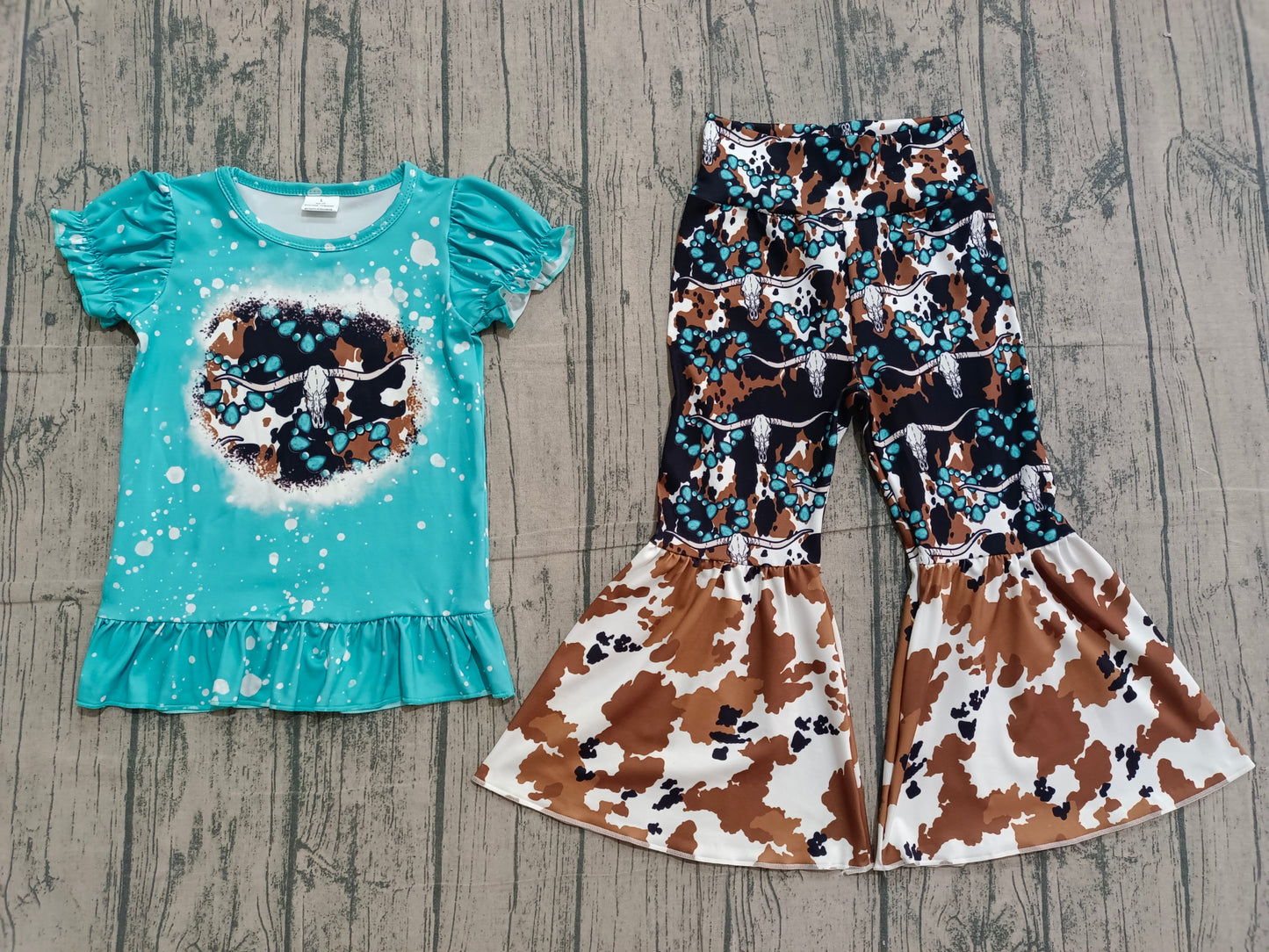 Baby Girls Bull Skulls Turquoises Top Bell Bottom Pants Western Clothes Sets