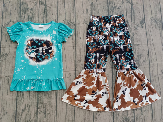 Baby Girls Bull Skulls Turquoises Top Bell Bottom Pants Western Clothes Sets