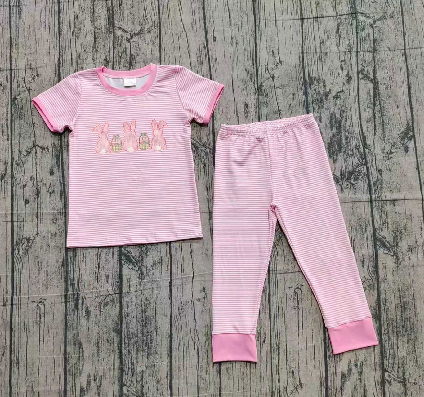 Embroidery Rabbits Eggs Baby Girls Pink Stripe Top Pants Easter Pajamas Sets Preorder