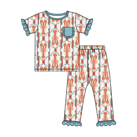 Baby Girls Crayfishes Checked Pocket Top Ruffle Pants Pajamas Sets Preorder