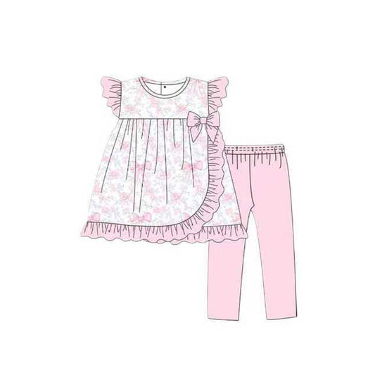 Baby Girls Flutter Sleeve Bows Floral Ruffle Tunic Leggings Clothes Sets Preorder