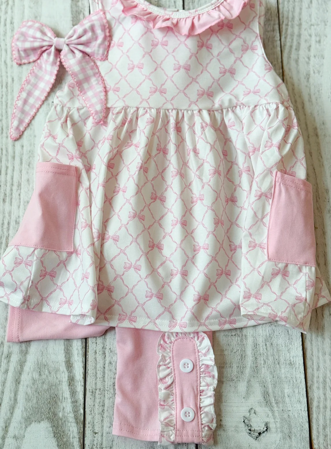 Baby Girls Pink Bows Checked Pockets Tunic Legging Pants Clothes Sets Preorder