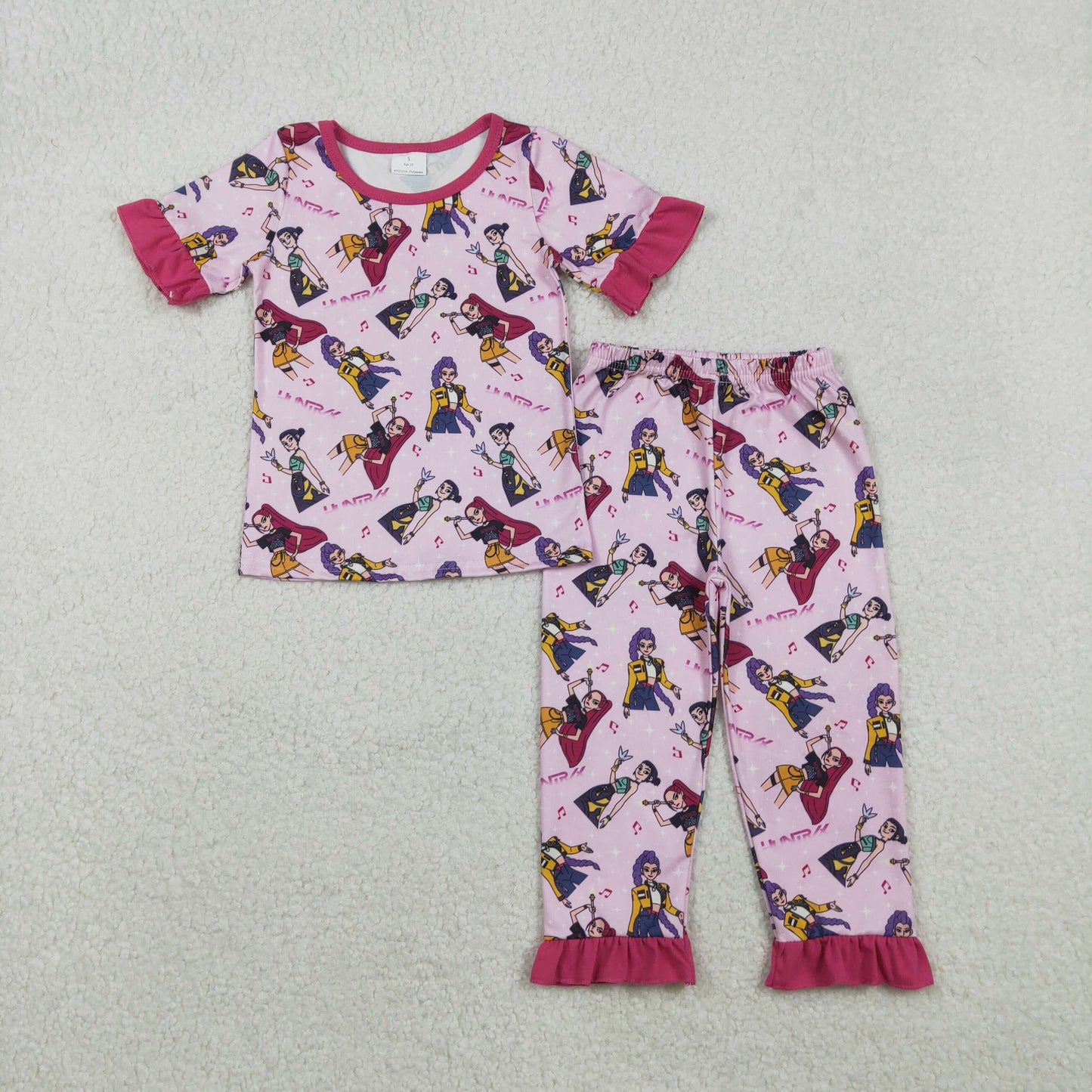 Sibling Baby Girls Pink Demon Hunter Top Flare Pants Pajamas Clothes Sets Ruffle Knee Length Dresses