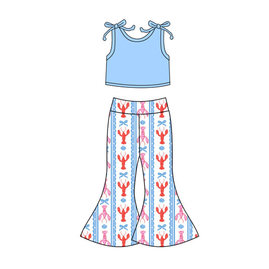 Baby Girls Blue Sleeveless Vest Crayfishes Bell Bottoms Clothes Sets Preorder