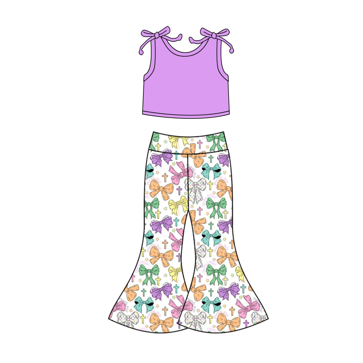 Baby Girls Lavender Vest Bows Cross Bell Bottom Pants Easter Clothes Sets Preorder