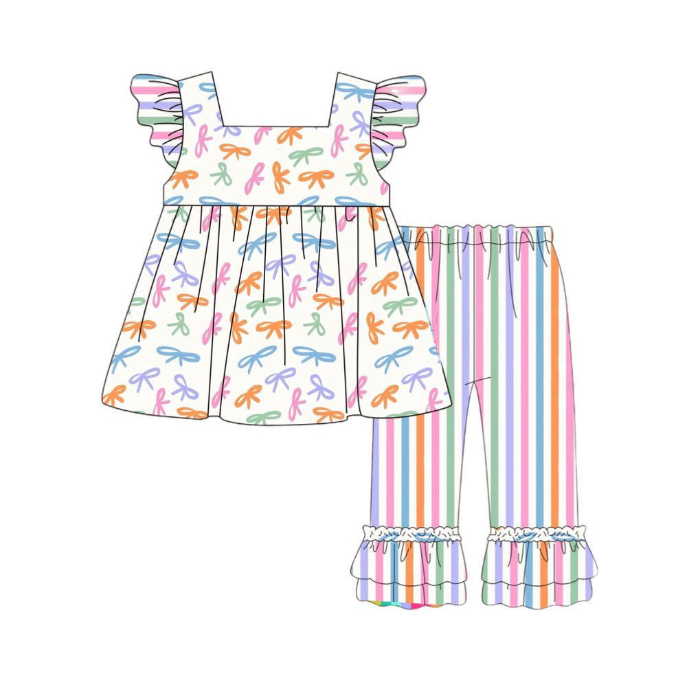 Baby Girls Colorful Bows Tunic Stripe Ruffle Pants Clothes Sets Preorder