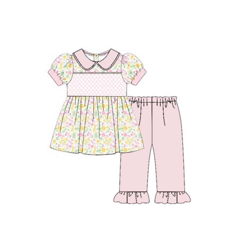 Baby Girls Pink Floral Collar Tunic Ruffle Pants Clothes Sets Preorder