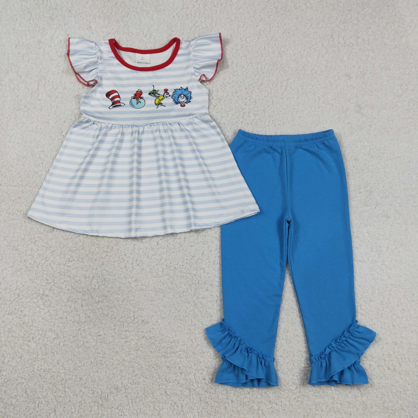 Baby Girls Blue Stripe Mr Reading Tunic Ruffle Pants Clothes Sets