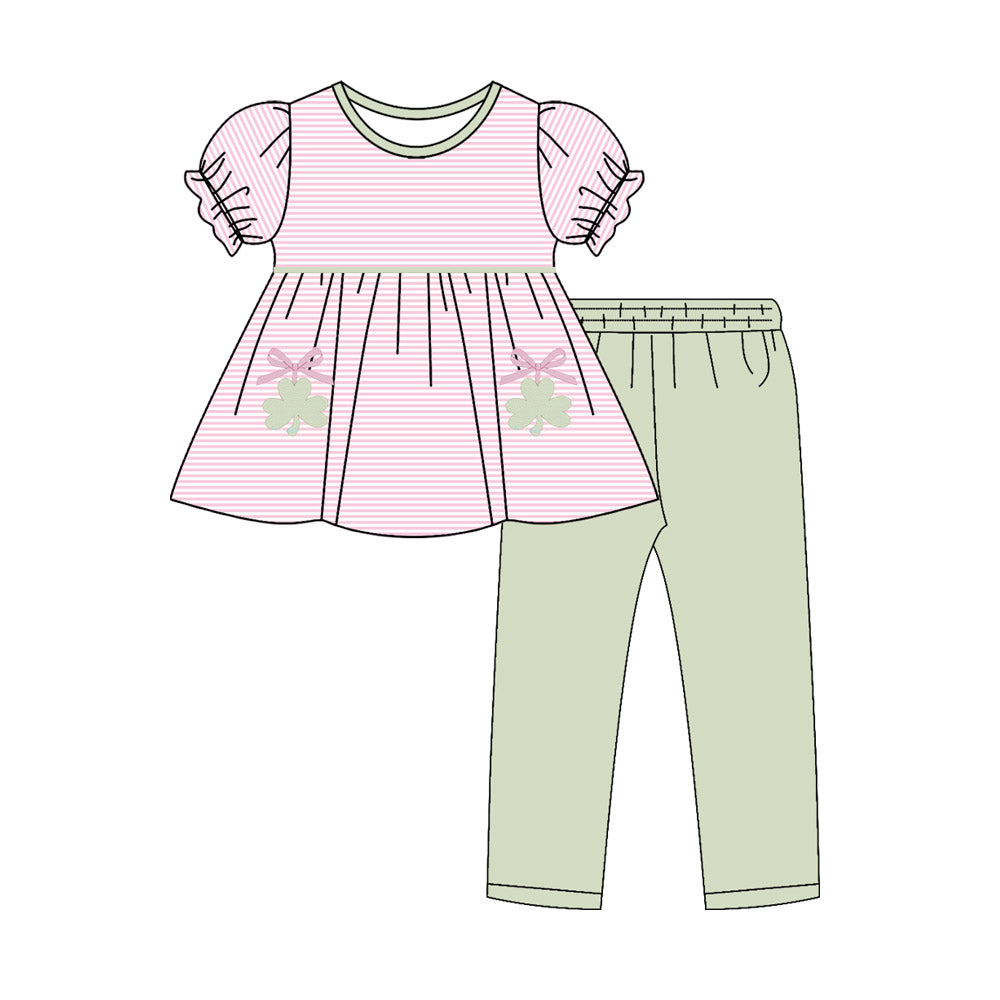 Baby Girls Bows Clovers Stripe Tunic Leggings St Patrick Clothes Sets Preorder