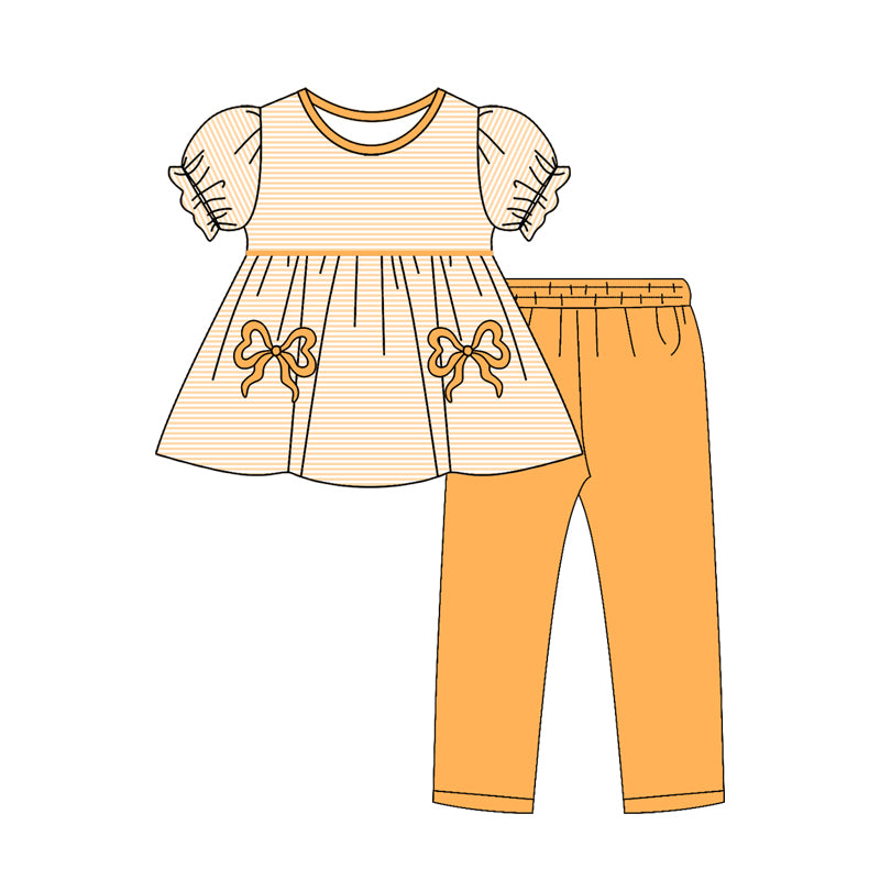 Baby Girls Orange Stripe Bows Tunic Leggings Pant Clothes Sets Preorder