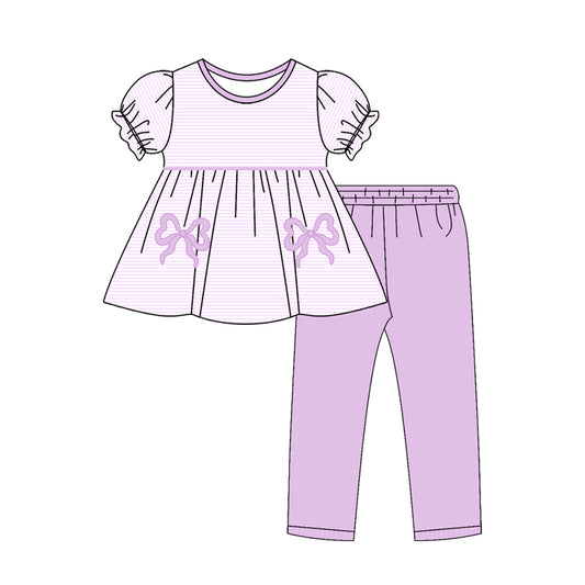 Baby Girls Lavender Stripe Bows Tunic Leggings Pant Clothes Sets Preorder