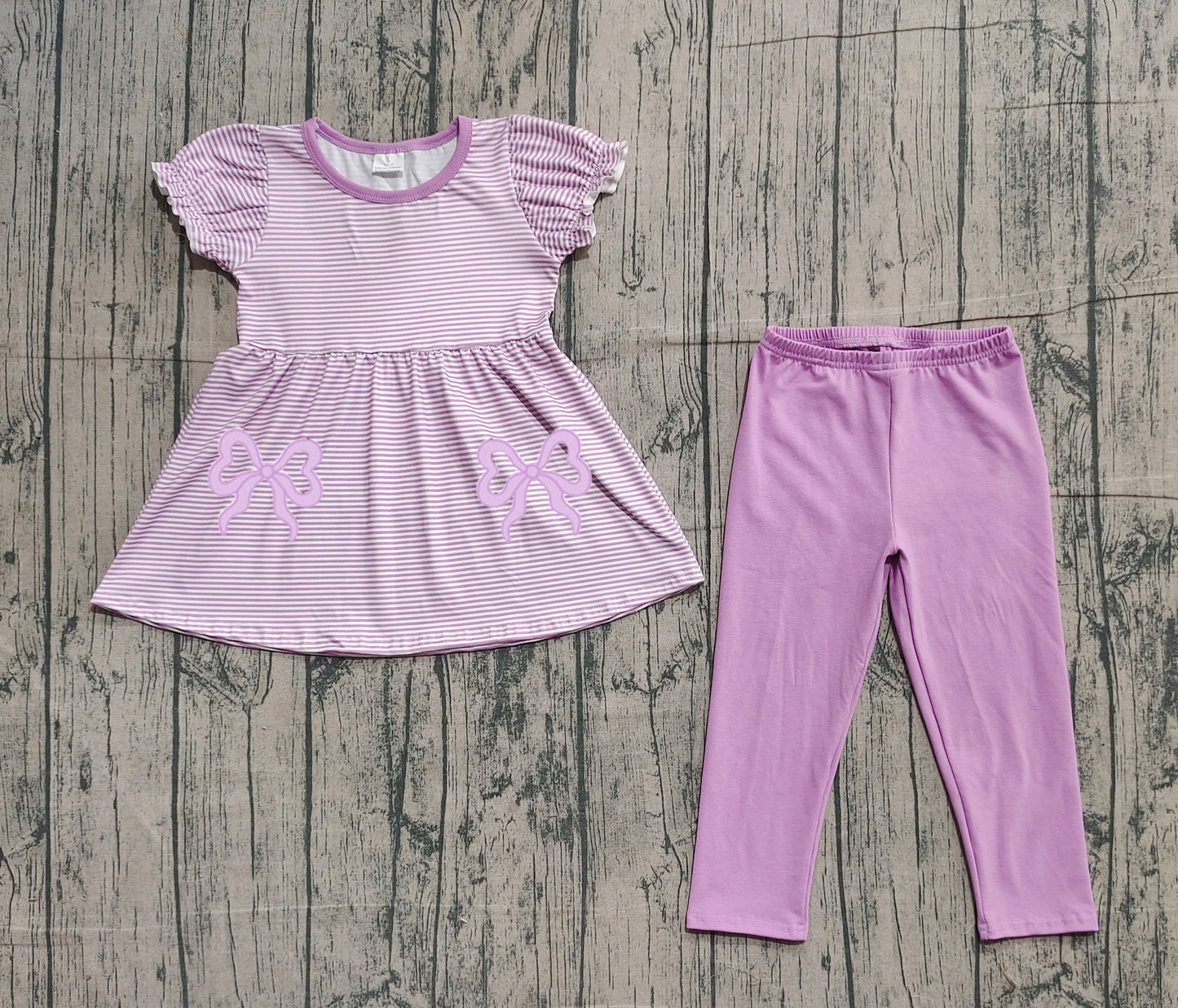 Baby Girls Lavender Stripe Bows Tunic Leggings Pant Clothes Sets Preorder