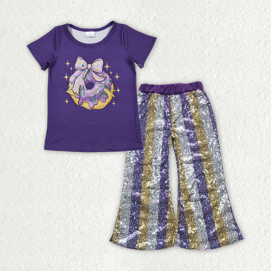 Baby Girls Purple Bows Donuts Top Stripe Sequin Flare Pants Mardigras Clothes Sets