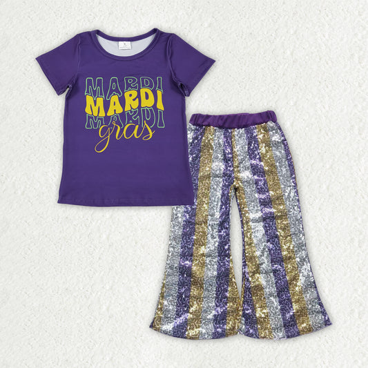 Baby Girls Purple Shirts Top Stripe Sequin Flare Pants Mardigras Clothes Sets