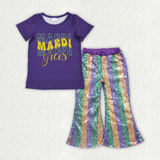 Baby Girls Purple Shirts Top Stripe Sequin Flare Pants Mardigras Clothes Sets